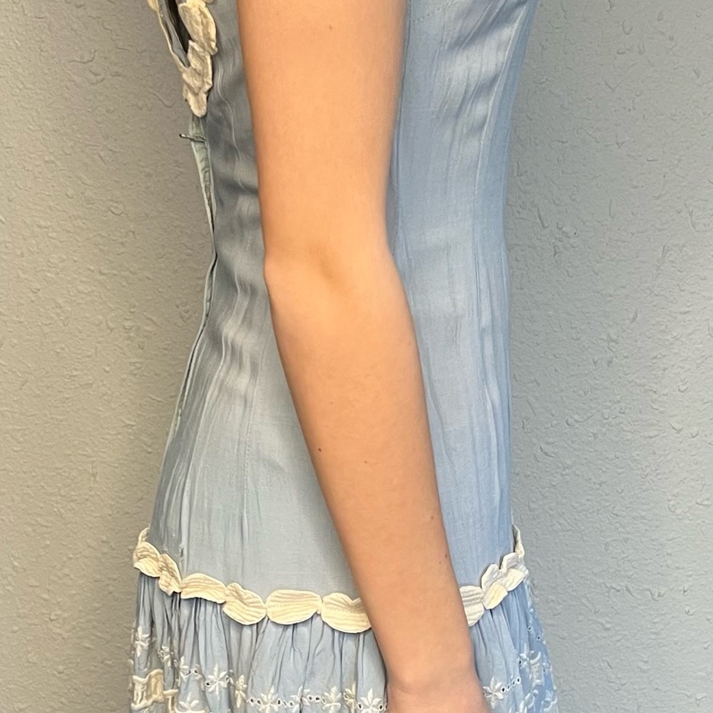 Miss Elliette 1960s Summer Dress Baby Blue Embroidered Flowers Lined XS - Picture 3 of 11